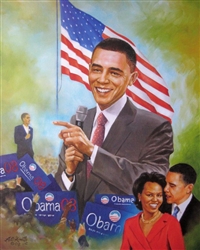 This print is a montage of images of President Barack Obama and First Lady Michelle Obama with the American flag in the background