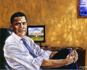 This print depicts President Barack Obama in a seated pose by African American artist Andrew Nichols