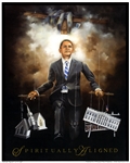 Spiritually Aligned by Edwin Lester portrays President Obama as a human puppet with the hands of God controlling the strings