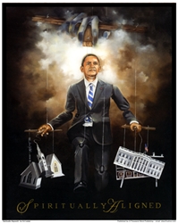 Spiritually Aligned by Edwin Lester portrays President Obama as a human puppet with the hands of God controlling the strings