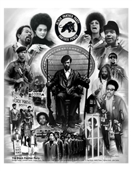 This print is a photo montage of members and activities of the Black Panther Party, a Black militant group founded in Oakland in 1966 to protect Black neighborhoods against police brutality.