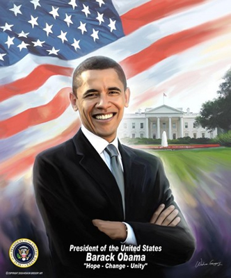 This print is a portrait of President Barack Obama standing with the flag and the White House as backdrop