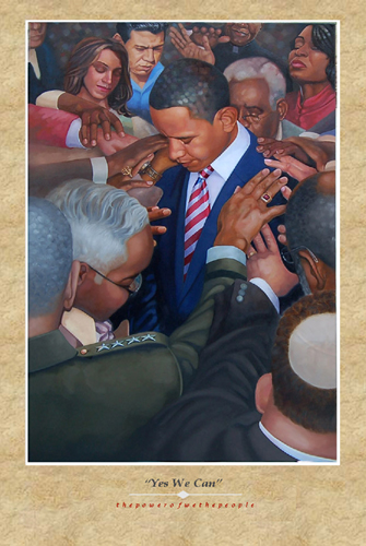 This print depicts a prayerful President Barack Obama surrounded by members of a church parishioners as they pray for his success