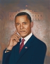 This print depicts President Barack Obama posed with the White House in the background