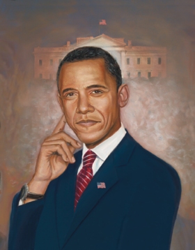 This print depicts President Barack Obama posed with the White House in the background