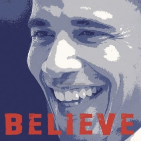 This print depicts the profile of a smiling Barack Obama on the campaign