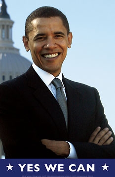 This print depicts President Barack Obama posed against a backdrop of the Capitol building
