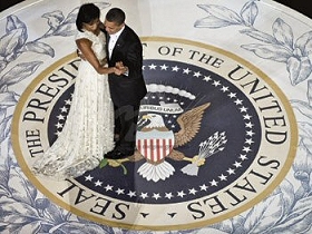 This print depicts President Barack Obama and First Lady Michelle Obama dancing at the 56th inaugural ball in January 2009.